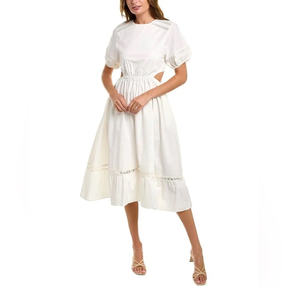 Leota Michelle Lace Trim Poplin Midi Dress White Size L New w/Tag